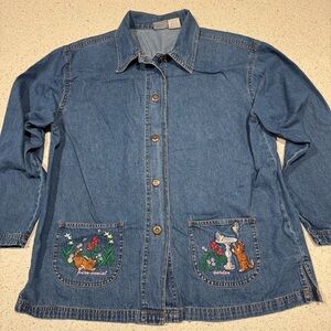 Vintage Cat Embroidered Denim Shacket with Pockets | Large